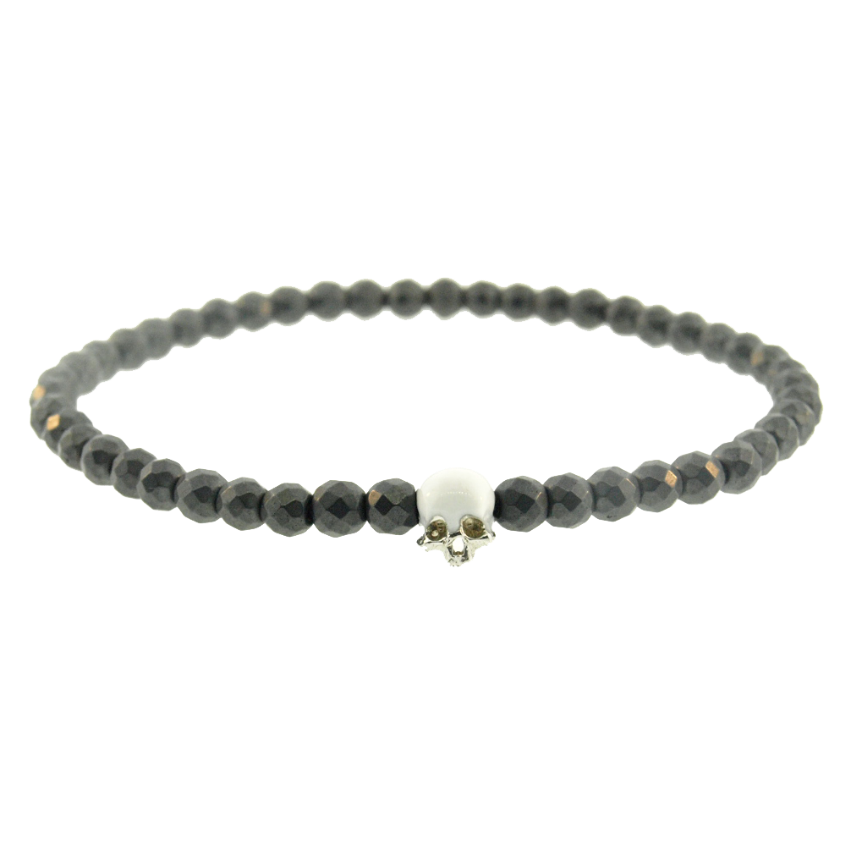 White Gold Enameled Half-Skull on Hematite Beaded Bracelet