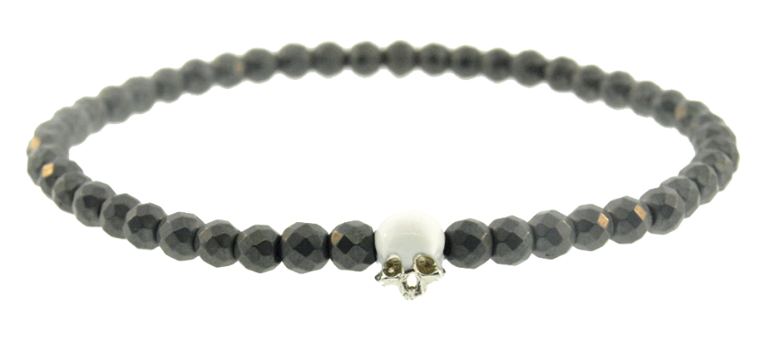 LUIS MORAIS 14k white gold G6 side half-skull with white enamel on a hematite beaded bracelet.