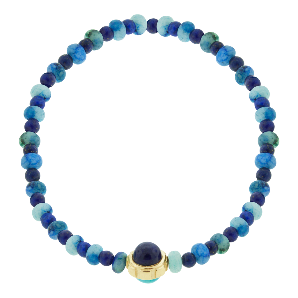 LUIS MORAIS 14k yellow gold rotary collar with a Turquoise and Lapis cabochon, on a gemstone beaded bracelet.  *If you require a size that is not available in the options provided, please indicate your preferred size in the designated text box during checkout.