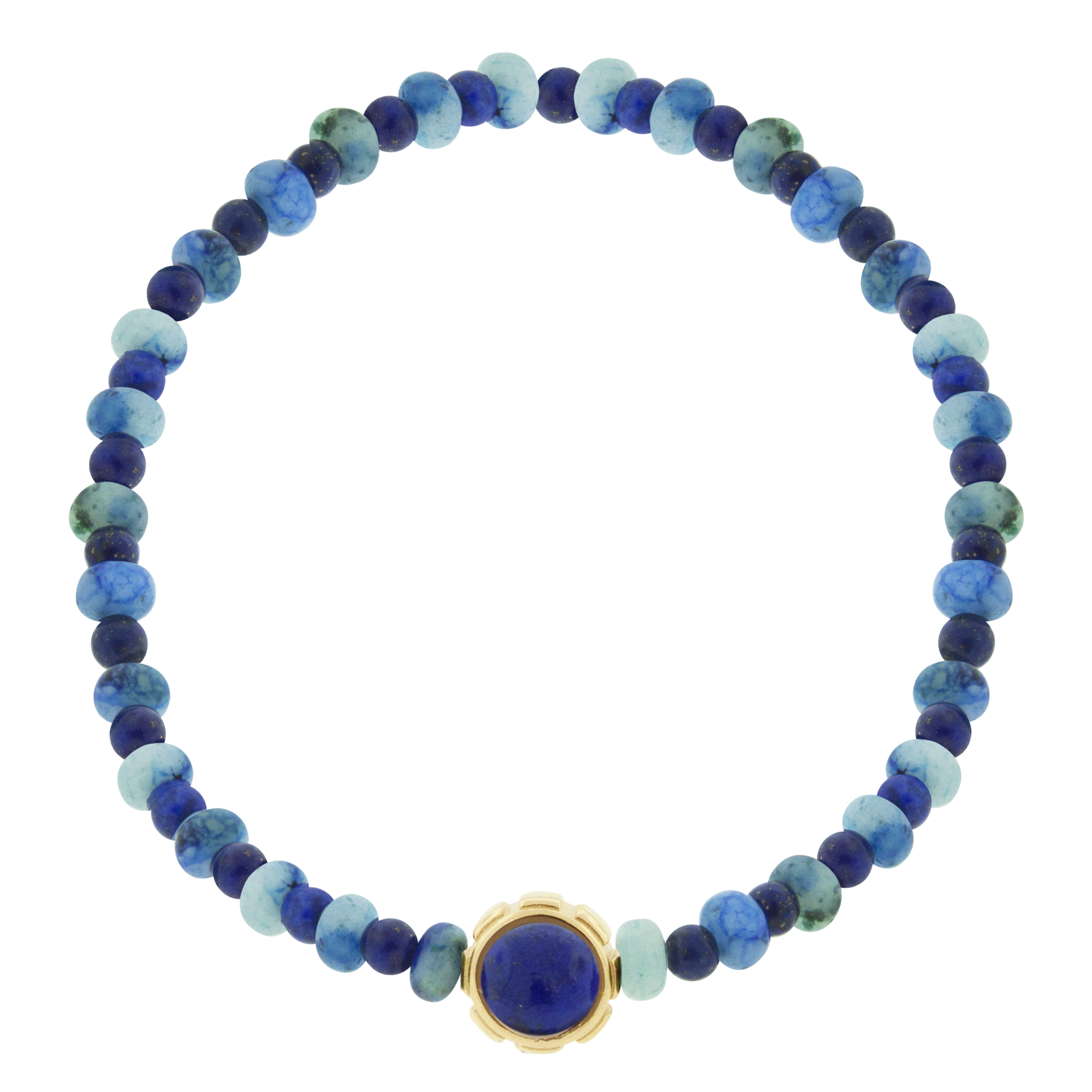 LUIS MORAIS 14k yellow gold rotary collar with a Turquoise and Lapis cabochon, on a gemstone beaded bracelet.  *If you require a size that is not available in the options provided, please indicate your preferred size in the designated text box during checkout.