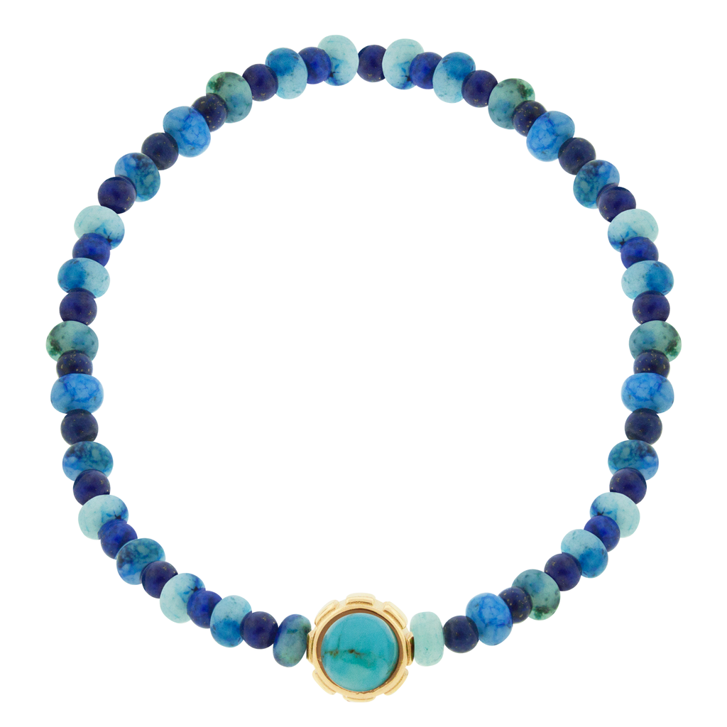 LUIS MORAIS 14k yellow gold rotary collar with a Turquoise and Lapis cabochon, on a gemstone beaded bracelet.  *If you require a size that is not available in the options provided, please indicate your preferred size in the designated text box during checkout.
