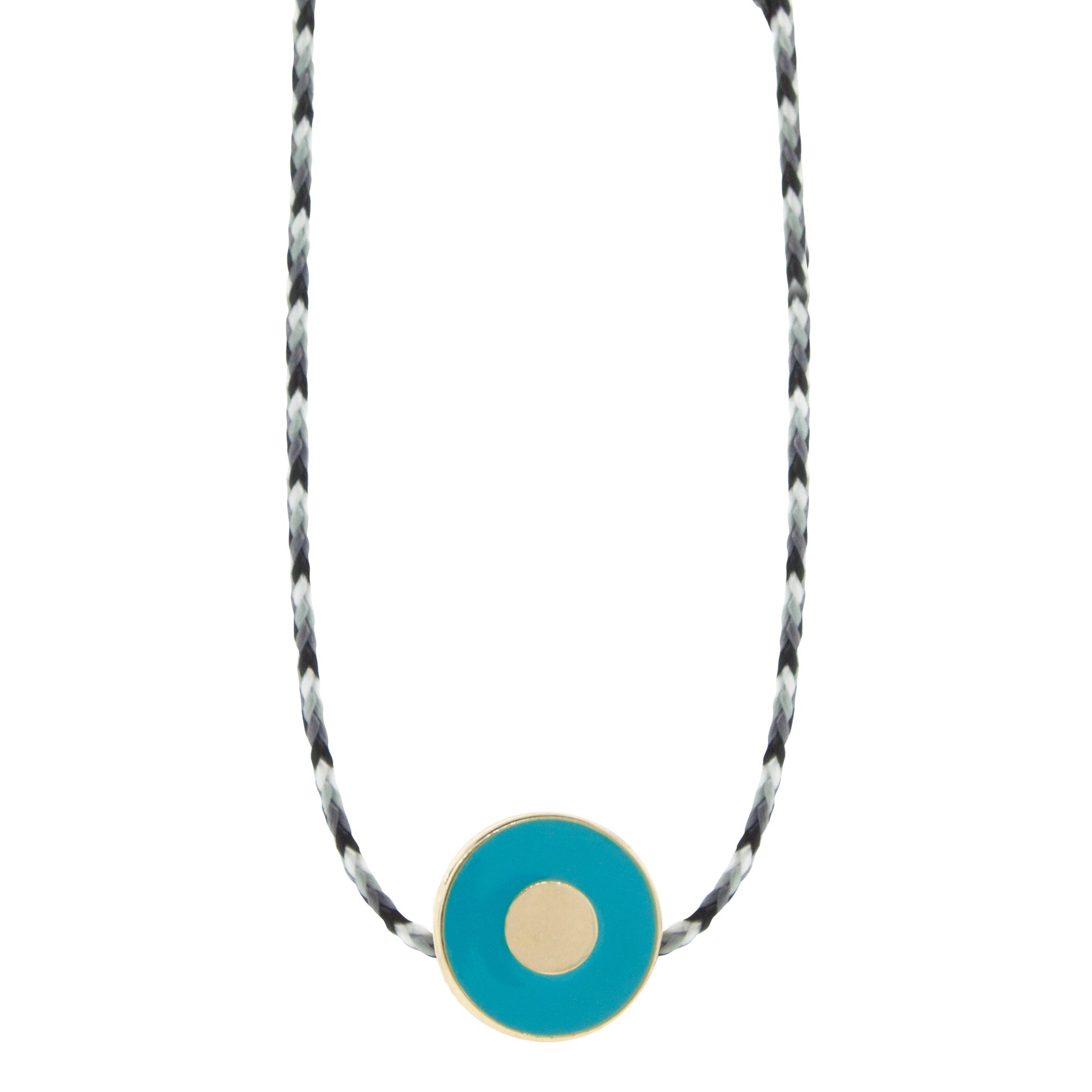 LUIS MORAIS 14K yellow gold enameled large disk with a recessed evil eye on an adjustable cord necklace.