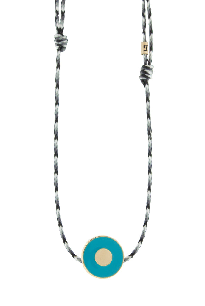 LUIS MORAIS 14K yellow gold enameled large disk with a recessed evil eye on an adjustable cord necklace.