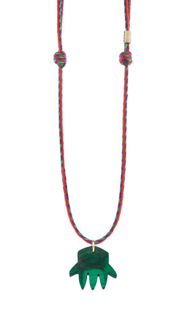 LUIS MORAIS Malachite Gemstone Hand Pendant with a 14k yellow gold bail and logo spacer on an adjustable cord necklace.