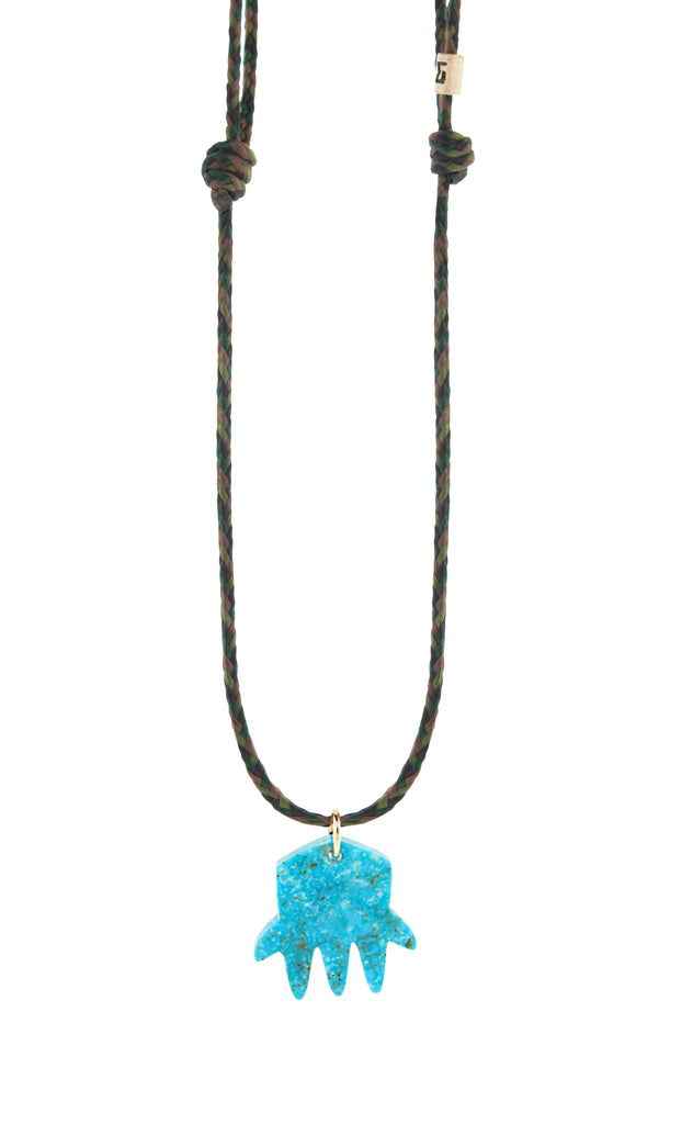 LUIS MORAIS Turquoise Gemstone Hand Pendant with a 14k yellow gold bail and logo spacer on an adjustable cord necklace.