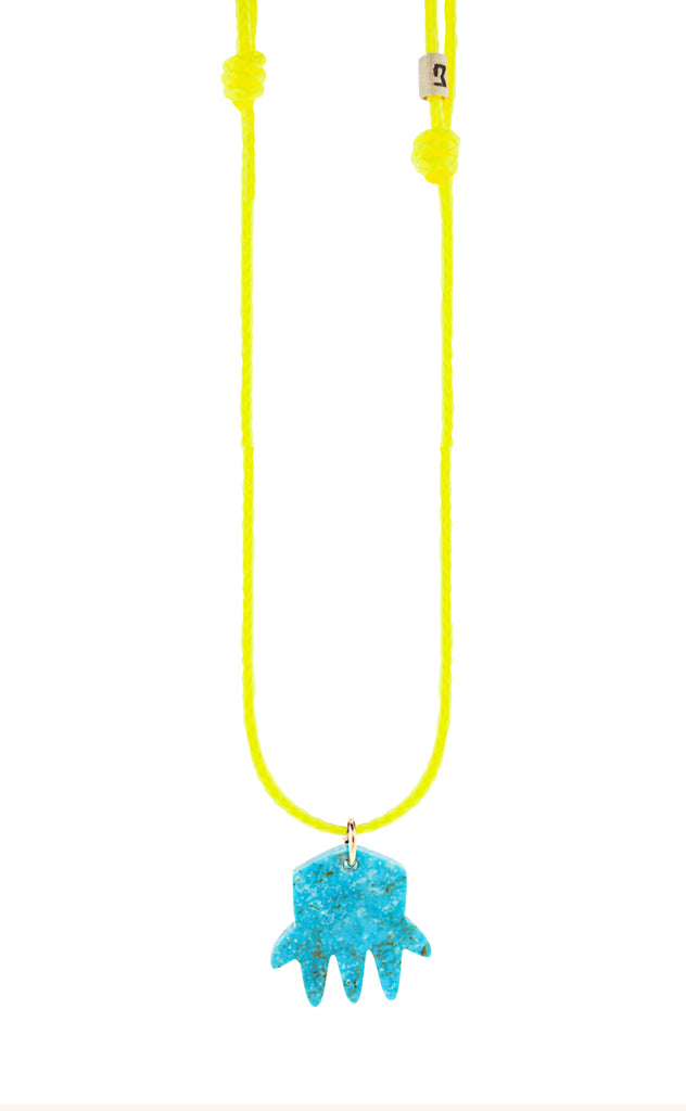 LUIS MORAIS Turquoise Gemstone Hand Pendant with a 14k yellow gold bail and logo spacer on an adjustable cord necklace.