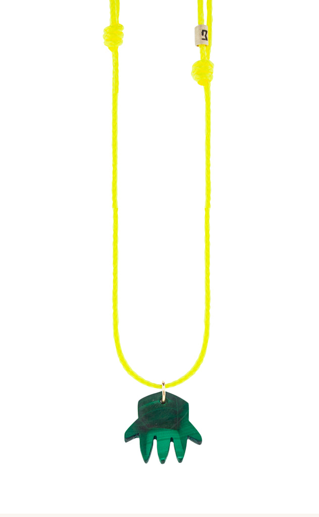 LUIS MORAIS Malachite Gemstone Hand Pendant with a 14k yellow gold bail and logo spacer on an adjustable cord necklace.