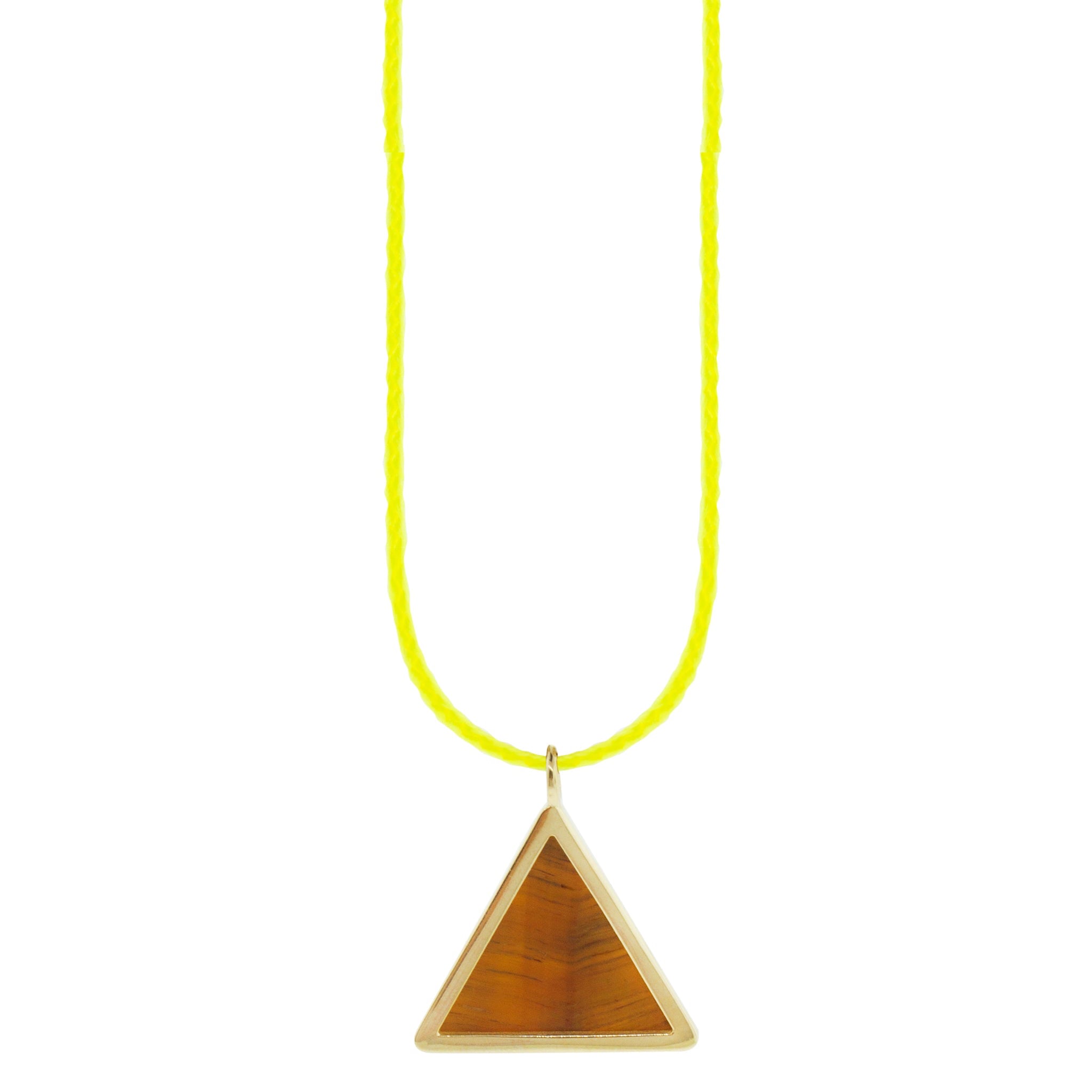 LUIS MORAIS 14K yellow gold triangle pendant with a tiger's eye gemstone backing on an adjustable cord necklace. Features a 14K gold logo spacer.