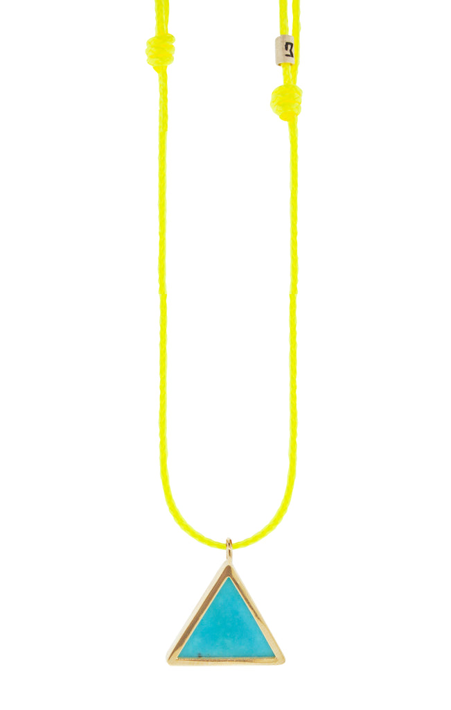 LUIS MORAIS 14K yellow gold triangle pendant with an turquoise gemstone backing on an adjustable cord necklace. Features a 14K gold logo spacer.