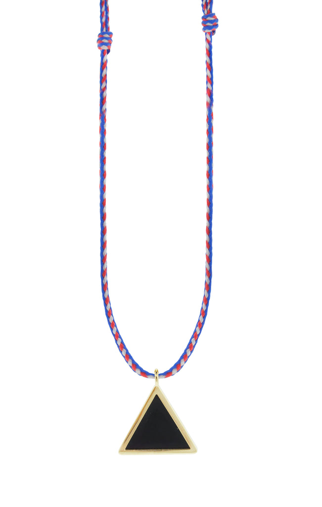 LUIS MORAIS 14K yellow gold triangle pendant with a onyx gemstone backing on an adjustable cord necklace. Features a 14K gold logo spacer.