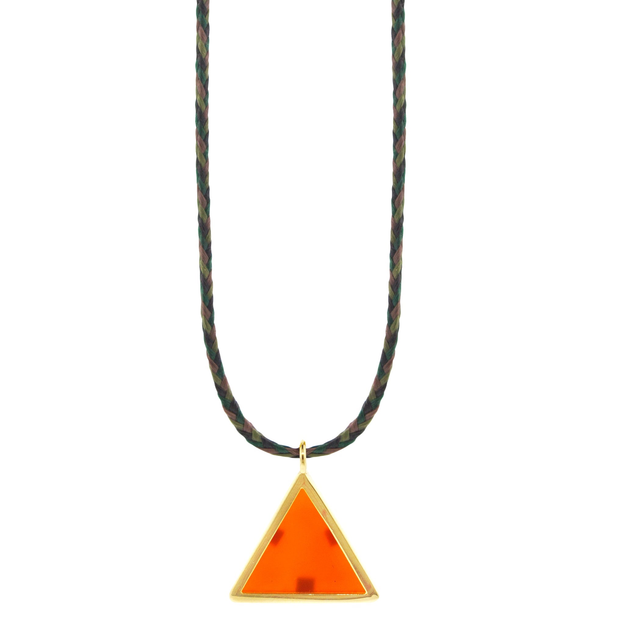 LUIS MORAIS 14K yellow gold triangle pendant with a carnelian gemstone backing on an adjustable cord necklace. Features a 14K gold logo spacer.  -26 inches max length 