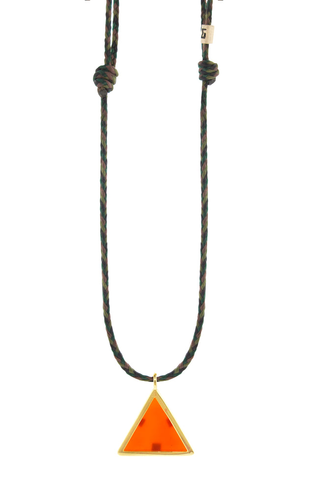 LUIS MORAIS 14K yellow gold triangle pendant with a carnelian gemstone backing on an adjustable cord necklace. Features a 14K gold logo spacer.  -26 inches max length 