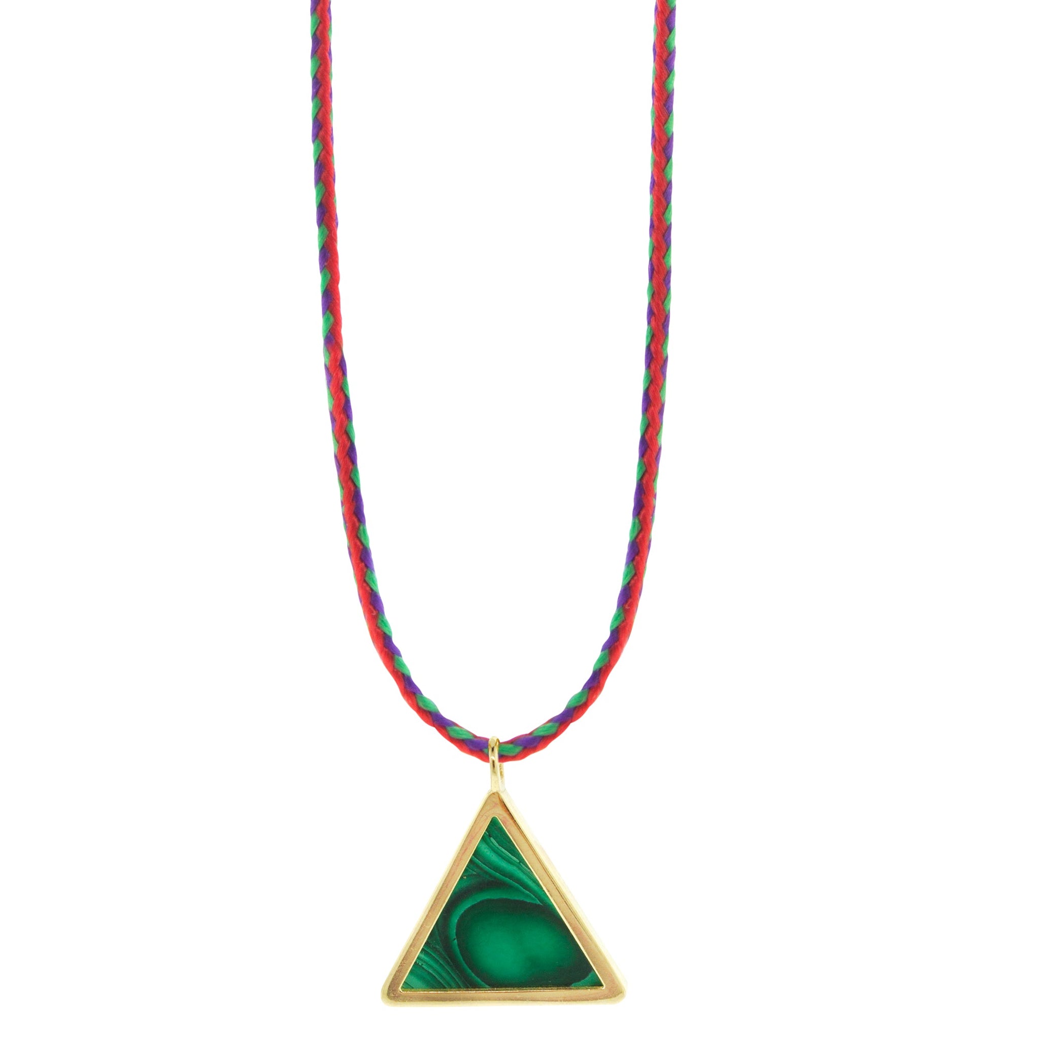 LUIS MORAIS 14K yellow gold triangle pendant with a malachite gemstone backing on an adjustable cord necklace. Features a 14k gold logo spacer.  26 inches max length