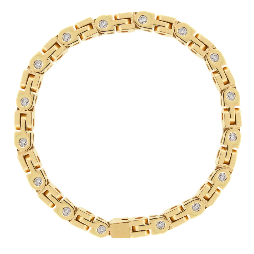 LUIS MORAIS 14k yellow gold bike chain link bracelet with approximately 4.5 carats of white diamonds. Men's standard size 7.5.  -Please note this piece is made-to-order, therefore resulting in a longer processing time. For more information please contact Customer Service.     *If you require a different size please contact customer service.