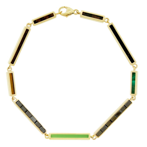 Black Diamond and Gemstone Gold Bar Link Bracelet