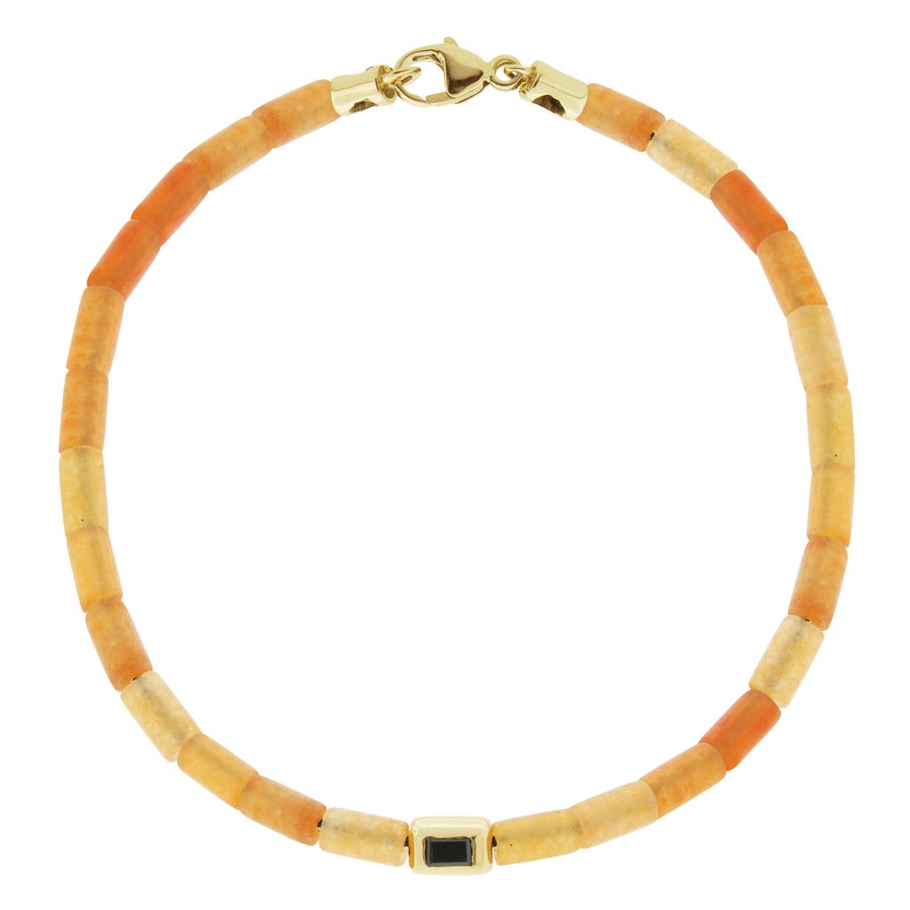LUIS MORAIS 14k yellow gold small ingot with a black diamond baguette on a gemstone beaded bracelet and a 14k yellow gold clasp.