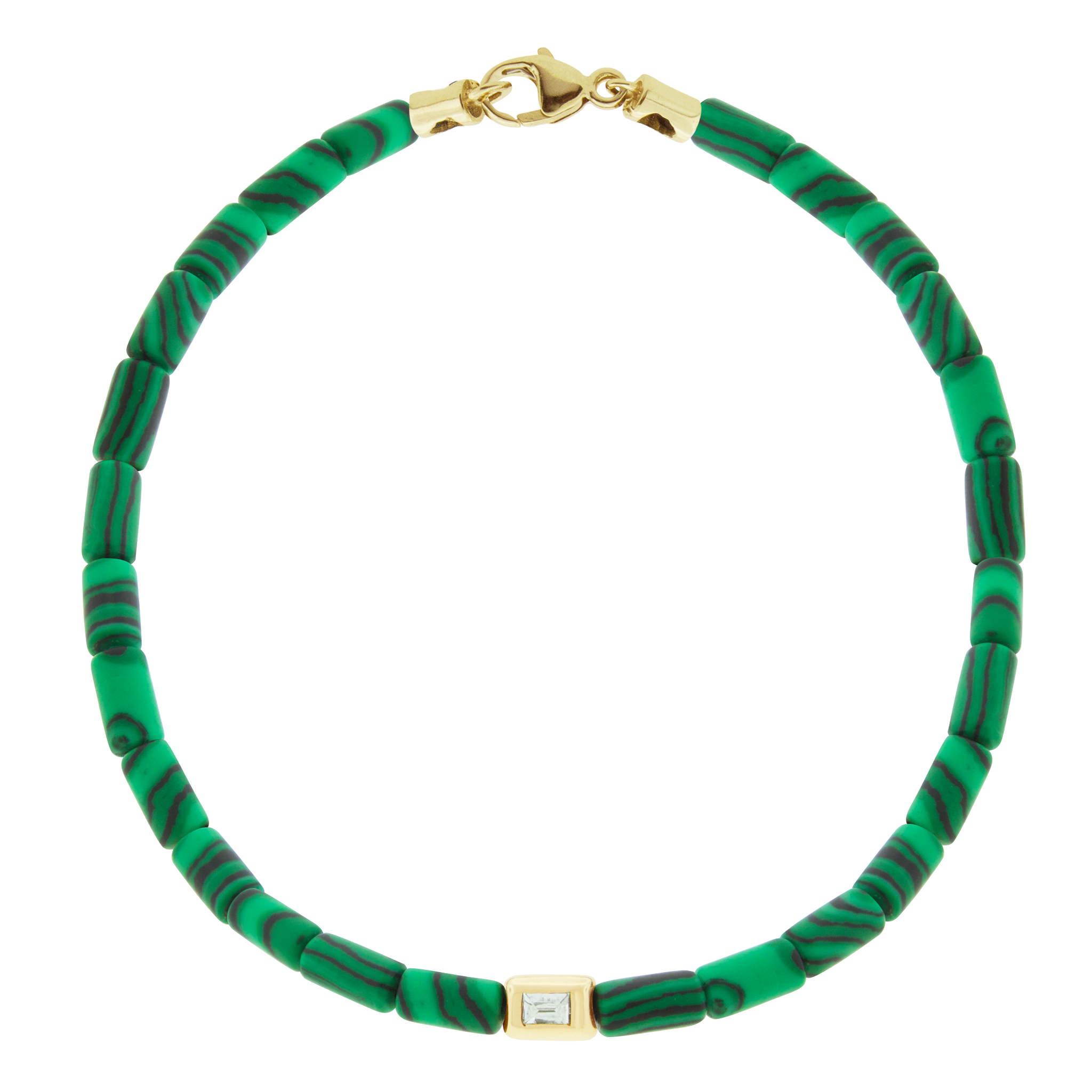 LUIS MORAIS 14k yellow gold small ingot with a white diamond baguette on a gemstone beaded bracelet and a 14k yellow gold clasp.