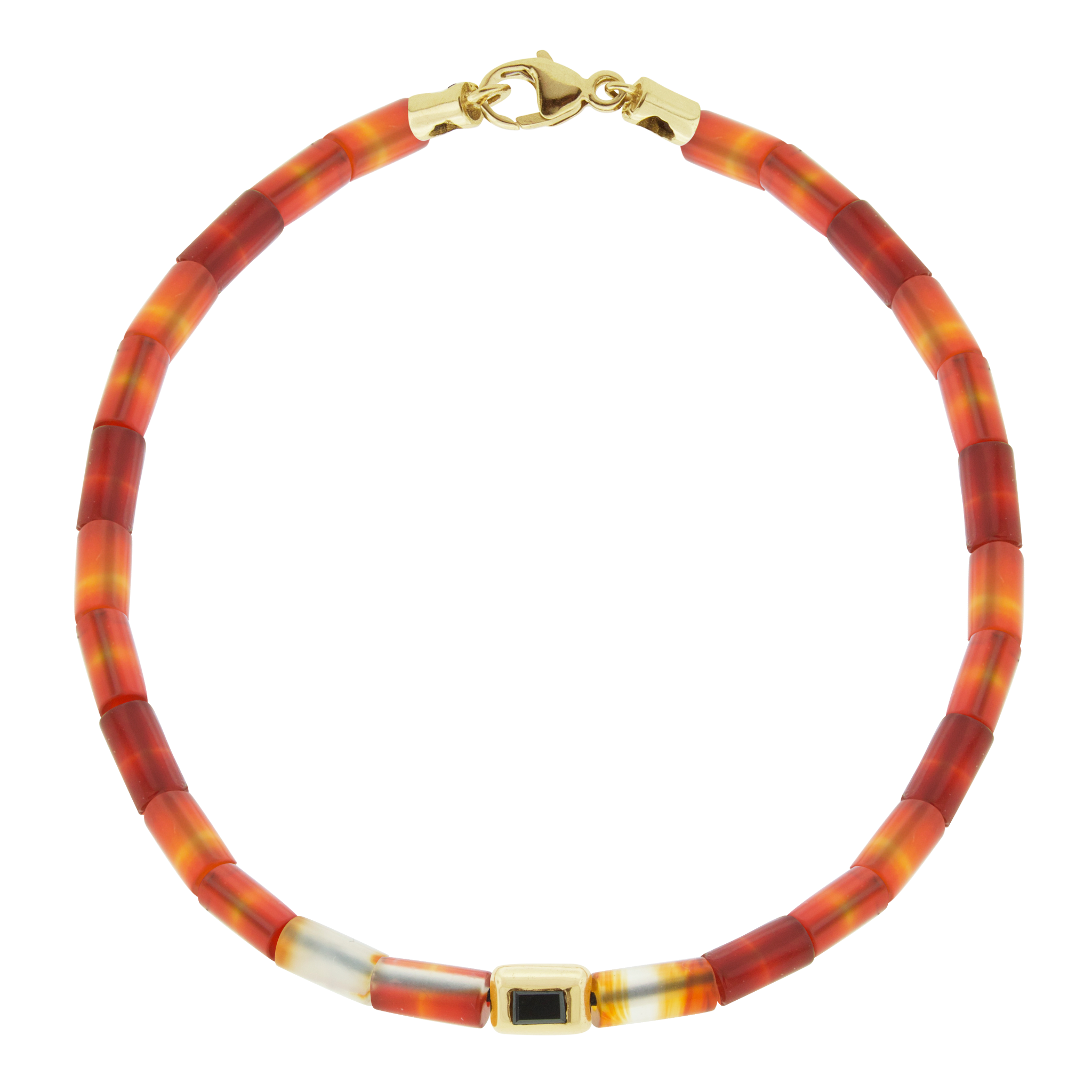 LUIS MORAIS 14k yellow gold small ingot with a black diamond baguette on a gemstone beaded bracelet and a 14k yellow gold clasp.