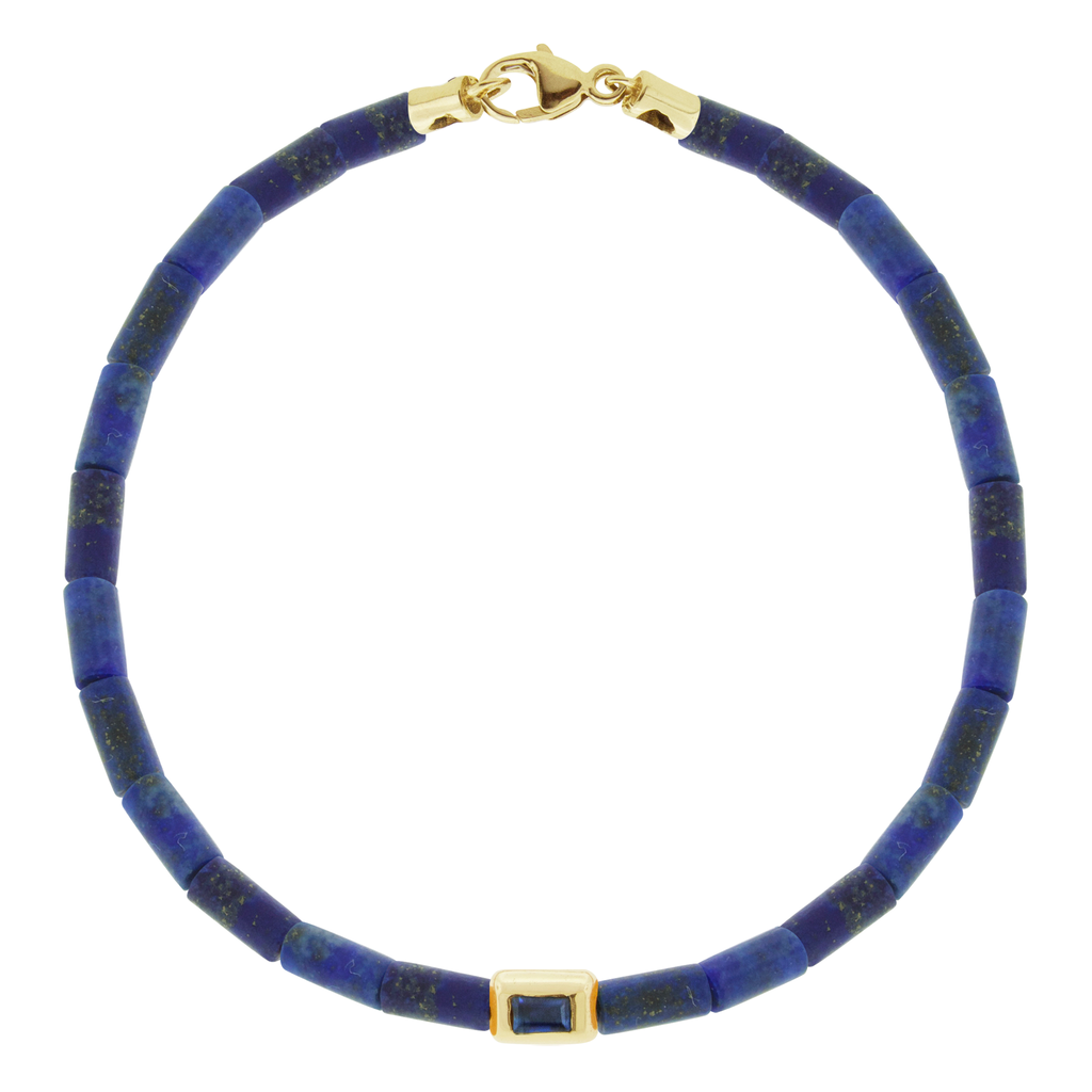 LUIS MORAIS 14k yellow gold small ingot with a baguette blue Sapphire on a gemstone beaded bracelet and a 14k yellow gold clasp.