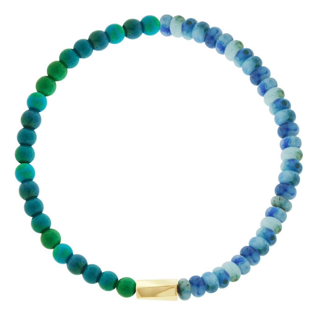 LUIS MORAIS 14k yellow gold large twisted hexagon on a gemstone beaded bracelet.