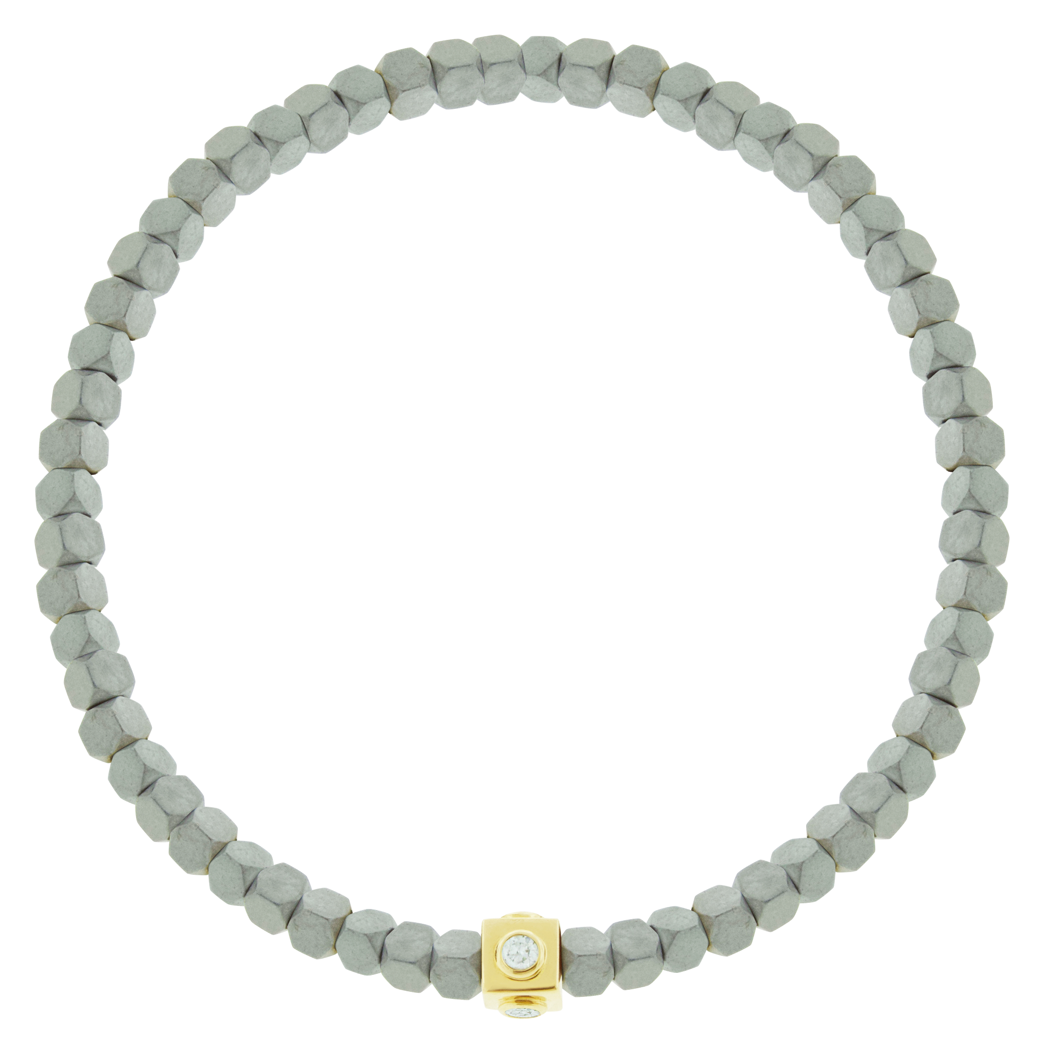 LUIS MORAIS 14k yellow gold Lego cube with four white diamond sides on large Hematite beaded bracelet.