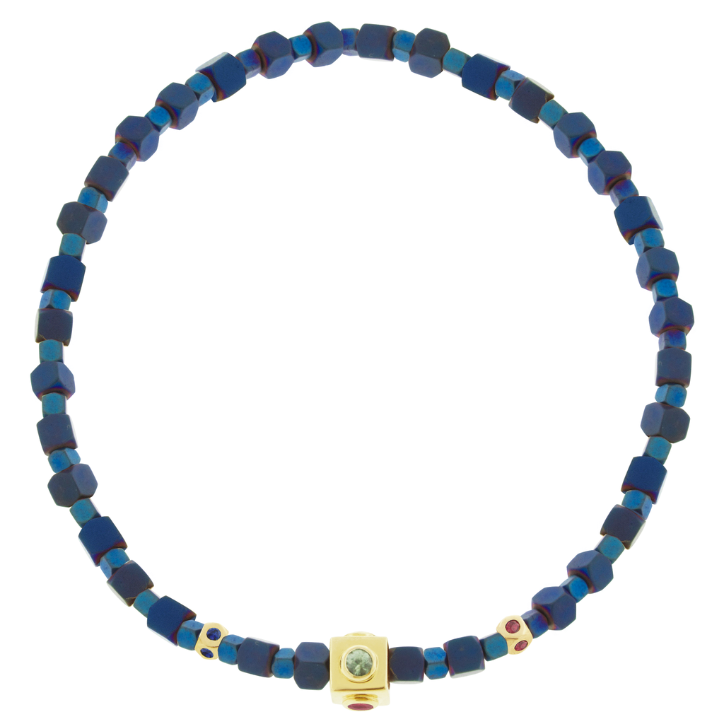 <p>LUIS MORAIS 14k yellow gold Lego cube with four multicolor Sapphire sides and two mini Tetras with sapphires on a Hematite beaded bracelet.</p> <ul> <li></li> </ul>