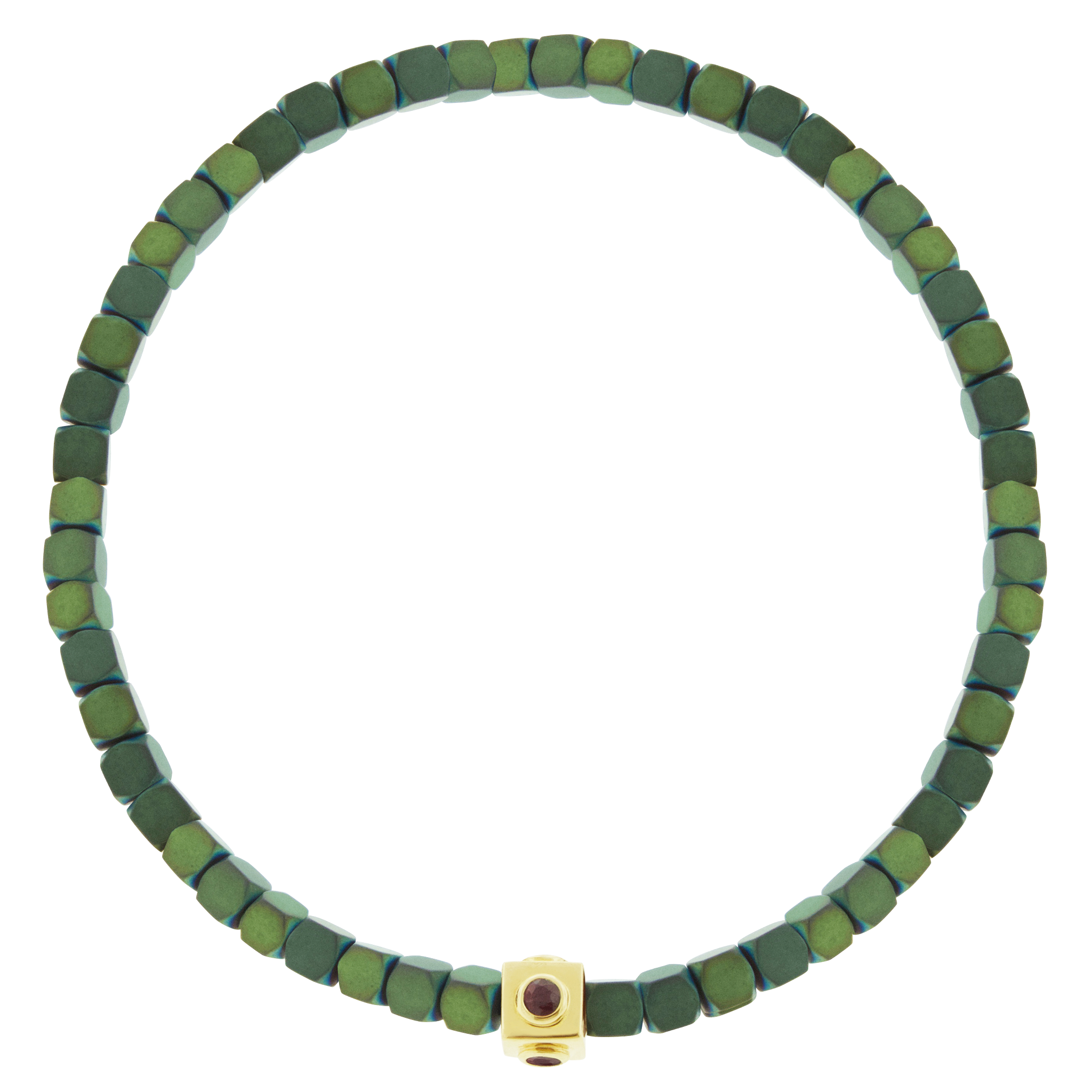 LUIS MORAIS 14k yellow gold Lego cube with four Ruby sides on large Hematite beaded bracelet.