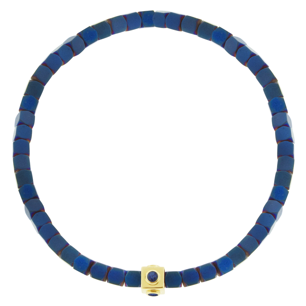LUIS MORAIS 14k yellow gold Lego cube with four blue Sapphire sides on large Hematite beaded bracelet.