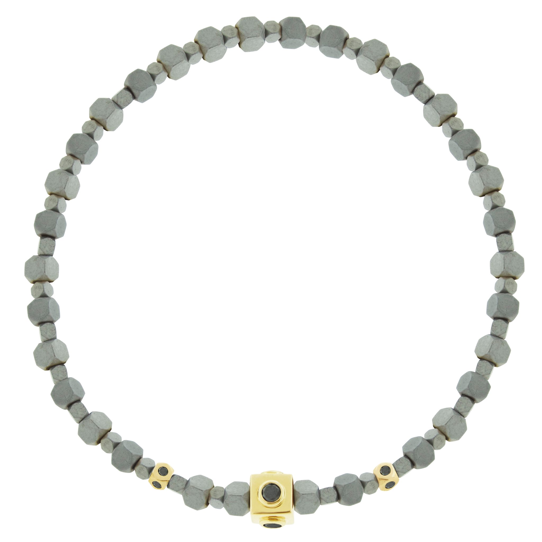 <p>LUIS MORAIS 14k yellow gold Lego cube with four black diamond sides and two mini Tetras with black diamonds on a Hematite beaded bracelet.</p> <ul> <li></li> </ul>