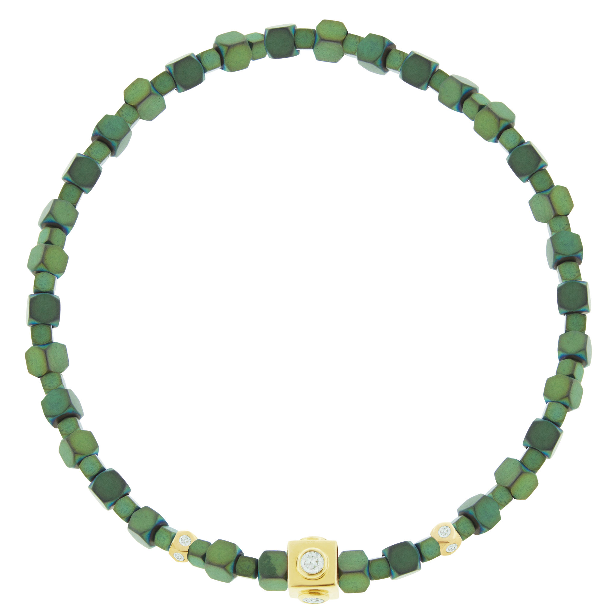 LUIS MORAIS 14k yellow gold Lego cube with four white diamond sides and two mini Tetras with sapphires on a Hematite beaded bracelet.