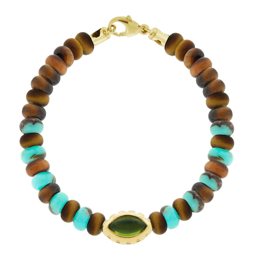 LUIS MORAIS 14k yellow gold Eye of the Idol bead with a marquise Peridot gemstone on a Copper Jasper and Tiger's Eye beaded bracelet.