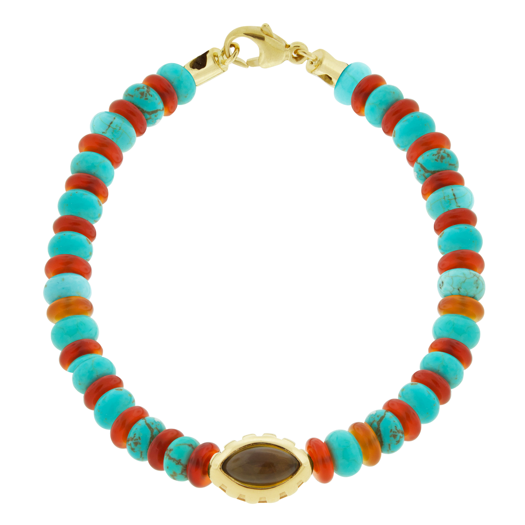 LUIS MORAIS 14k yellow gold Eye of the Idol bead with a marquise Citrine gemstone on a Carnelian and Turquoise beaded bracelet.