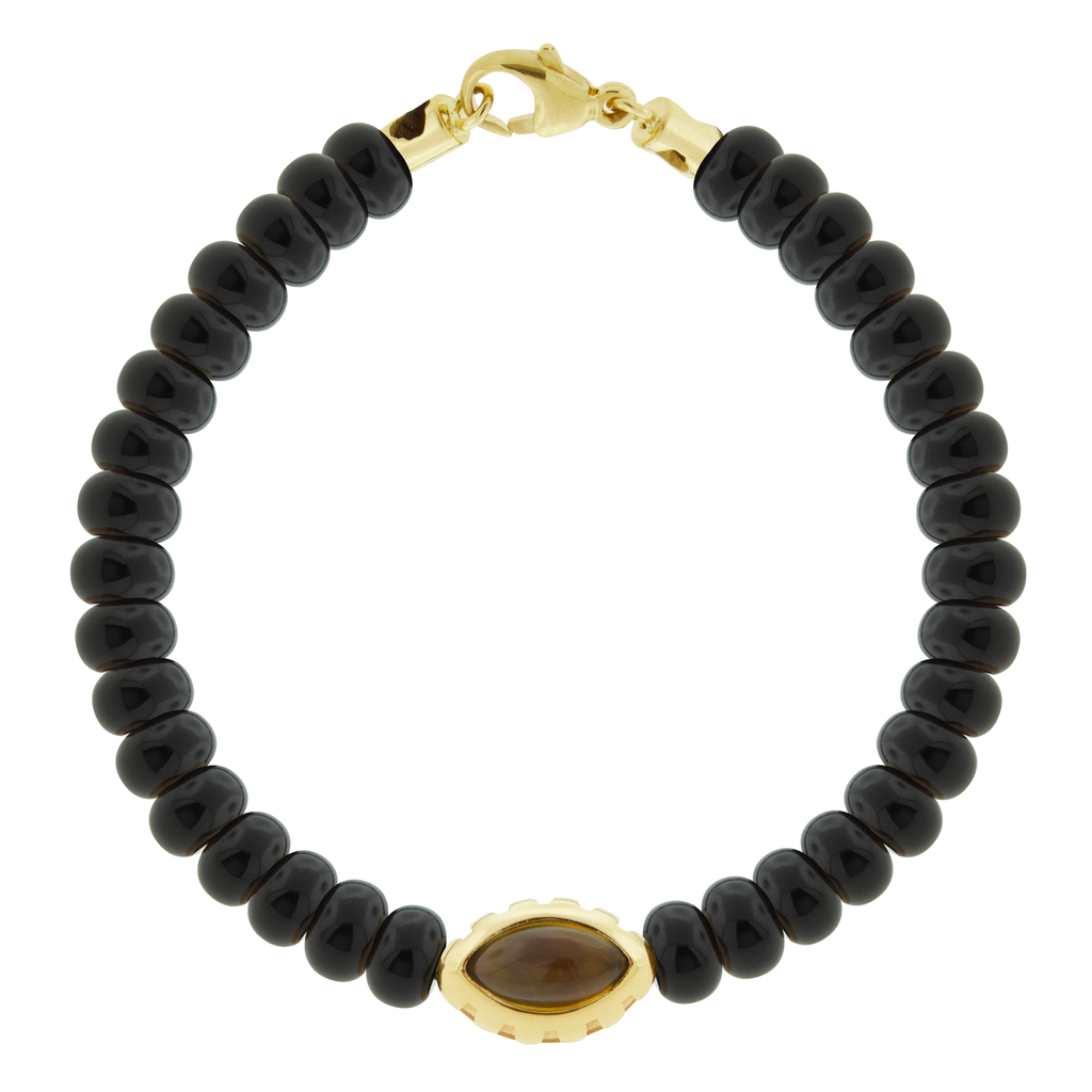 LUIS MORAIS 14k yellow gold Eye of the Idol bead with a marquise Citrine gemstone on a beaded bracelet.