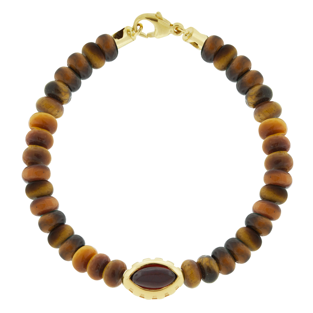 LUIS MORAIS 14k yellow gold Eye of the Idol bead with a marquise Garnet gemstone on a Tiger's Eye beaded bracelet.