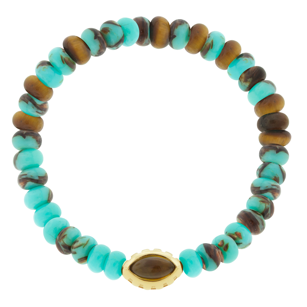 LUIS MORAIS 14k yellow gold Eye of the Idol bead with a marquise Citrine gemstone on a Copper Jasper beaded bracelet.