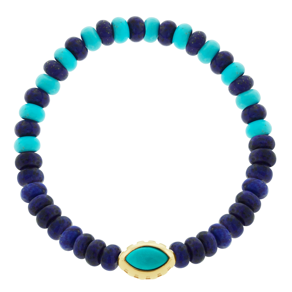 LUIS MORAIS 14k yellow gold Eye of the Idol bead with a marquise Turquoise gemstone on a Lapis and Turquoise beaded bracelet.