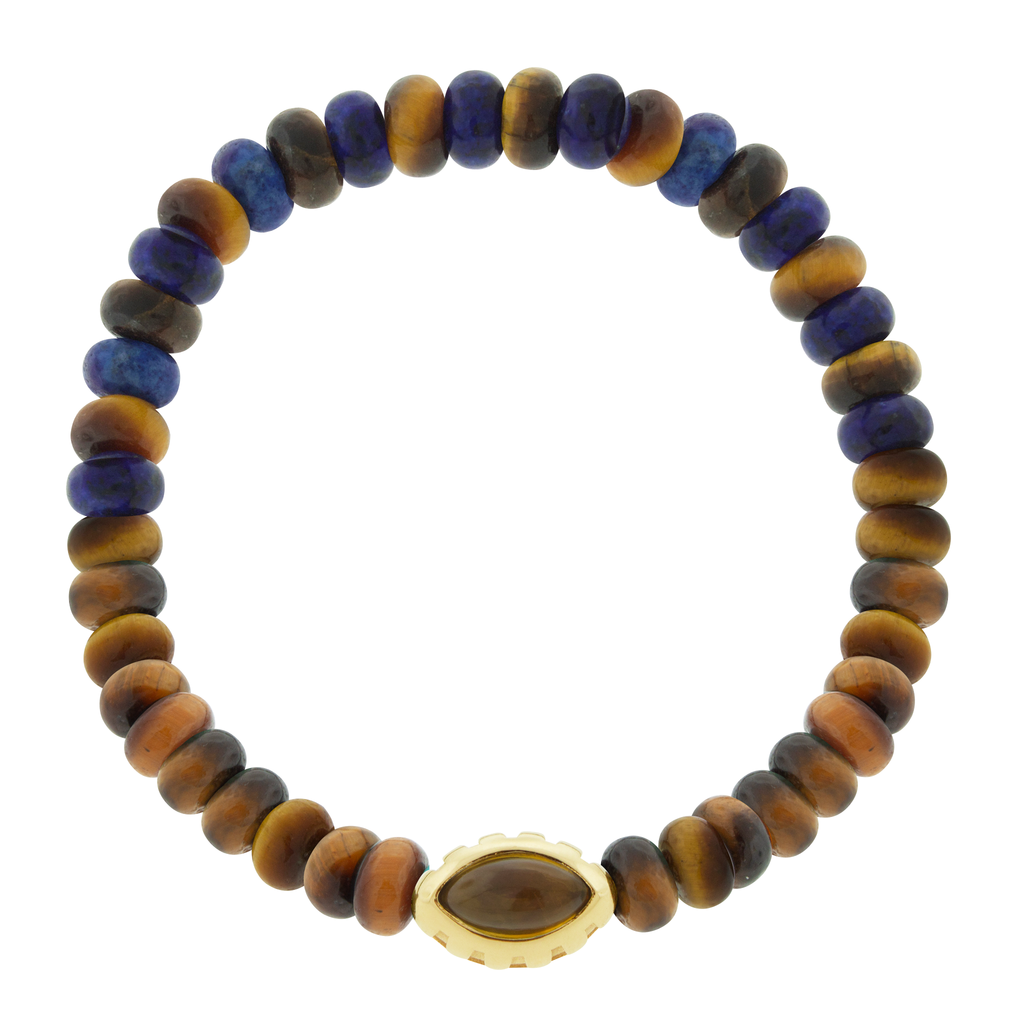 LUIS MORAIS 14k yellow gold Eye of the Idol bead with a marquise Citrine gemstone on a Lapis and Tiger's Eye beaded bracelet.