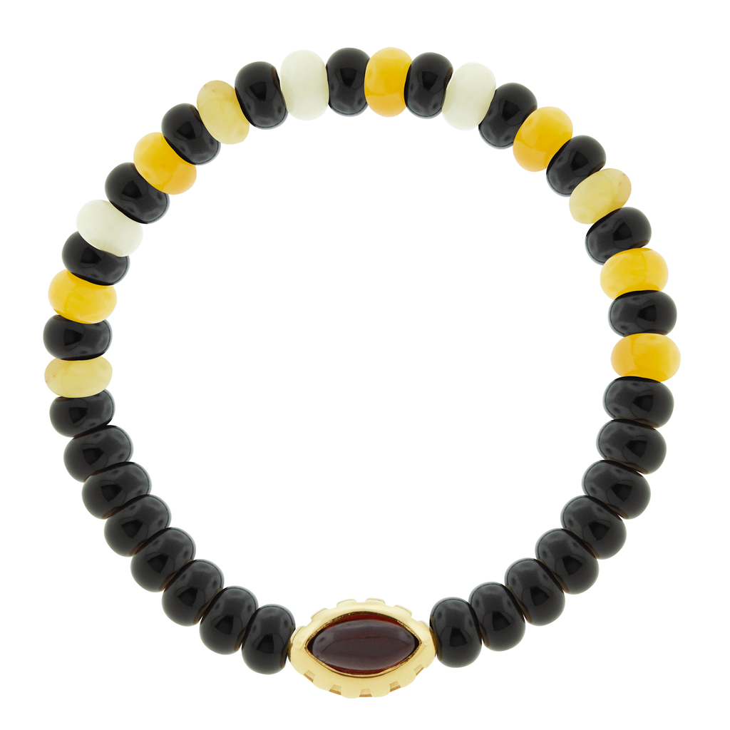 LUIS MORAIS 14k yellow gold Eye of the Idol bead with a marquise Garnet gemstone on a Aventurine and Onyx beaded bracelet.