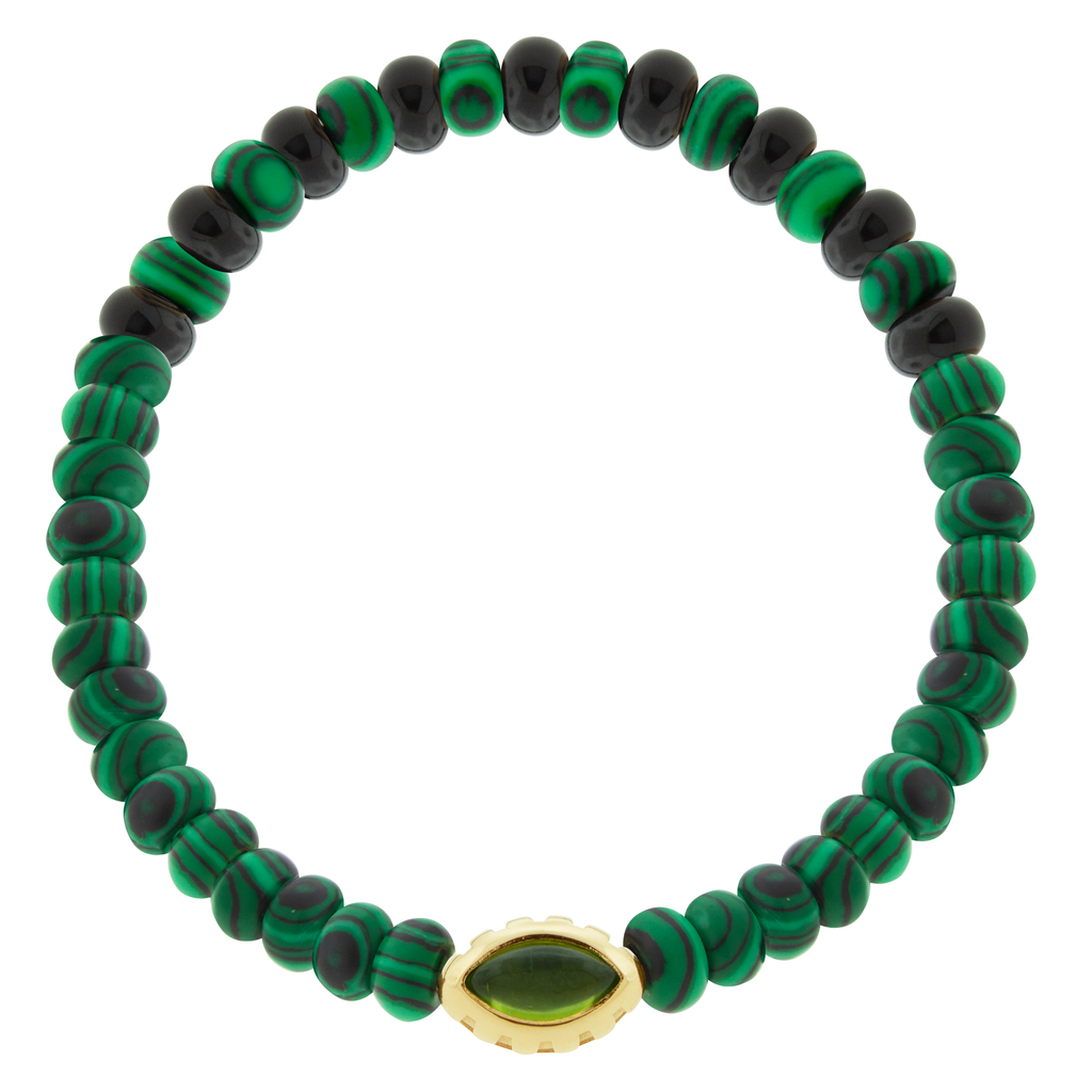 LUIS MORAIS 14k yellow gold Eye of the Idol bead with a marquise Peridot gemstone on a Malachite and Onyx beaded bracelet.
