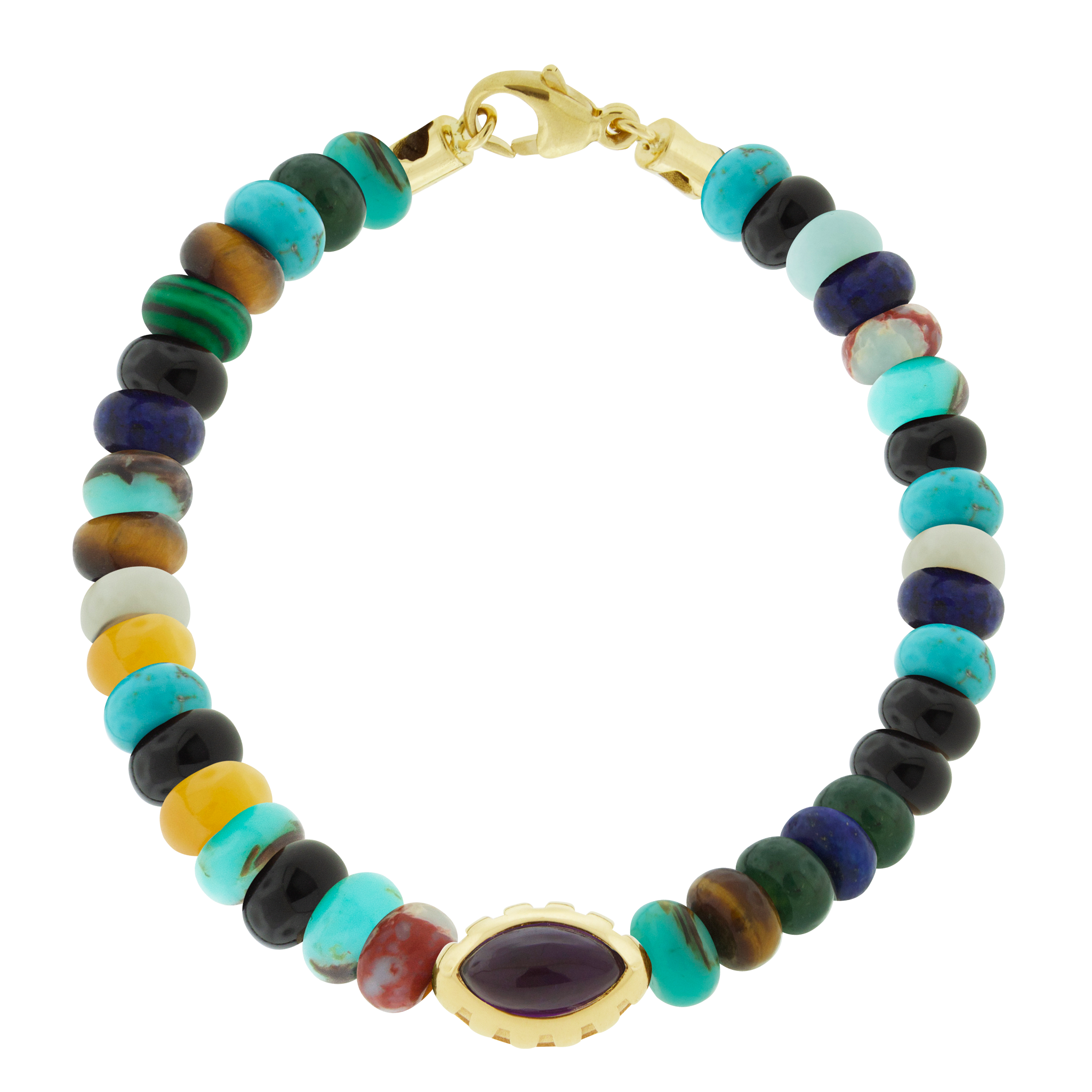 14k yellow gold Eye of the Idol bead with a marquise Amethyst gemstone on a beaded bracelet.