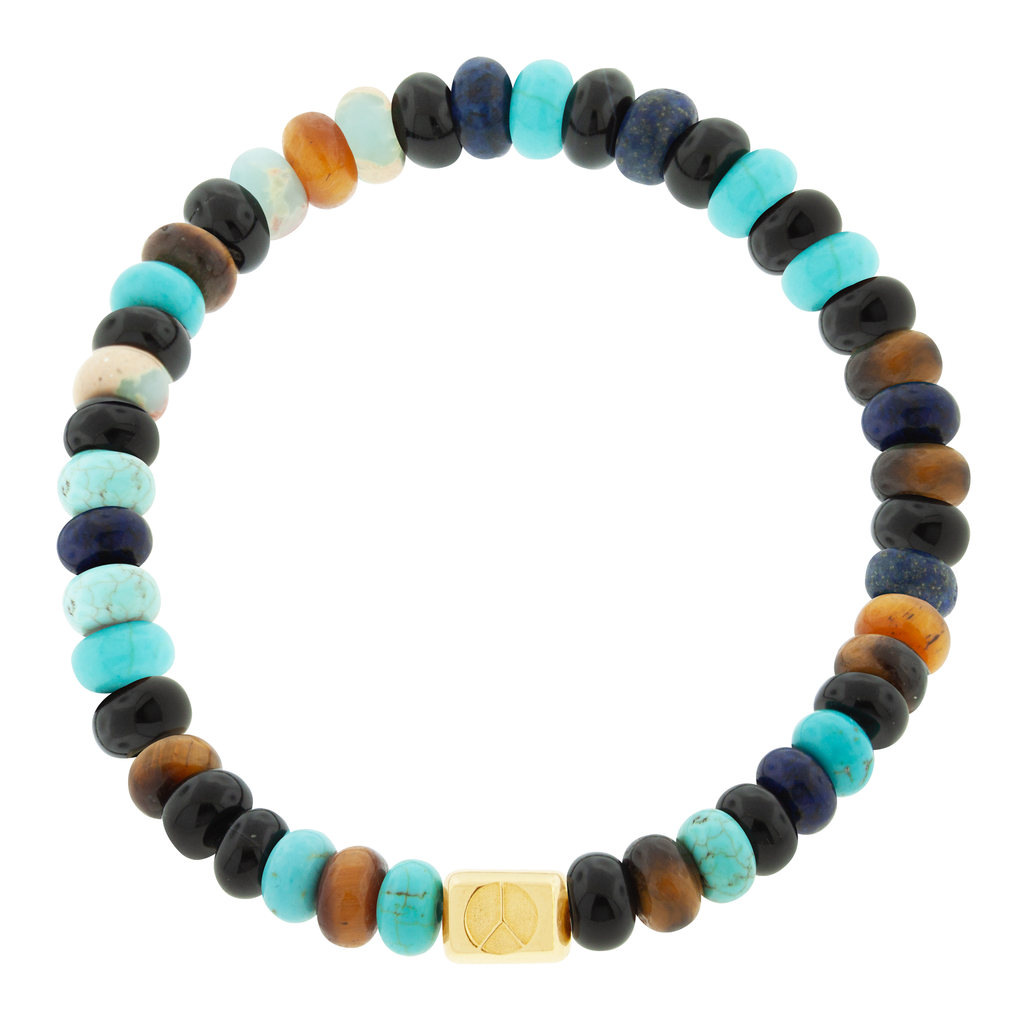 Lingote del signo de la paz en pulsera con cuentas de piedras preciosas múltiples