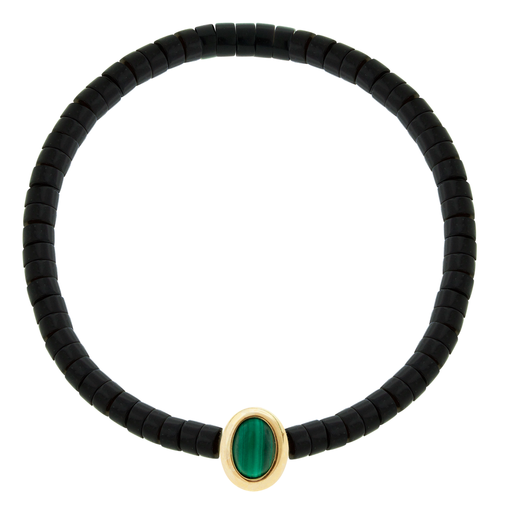 LUIS MORAIS 14k yellow oval cabochon <em>Eye of the Idol</em> bead with a Malachite gemstone center on an Onyx&nbsp;beaded bracelet