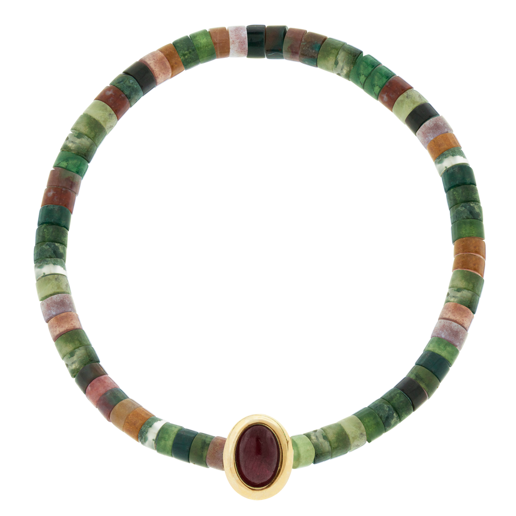 <p>LUIS MORAIS 14k yellow oval cabochon <em>Eye of the Idol</em> bead with a Garnet gemstone center on an Indian Agate beaded bracelet.</p> <ul> <li></li> </ul>