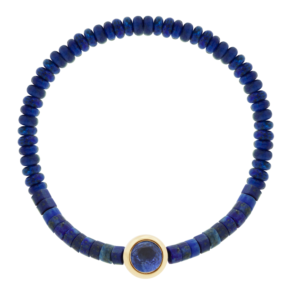 LUIS MORAIS 14k yellow round <em>Eye of the Idol</em> bead with an Blue Sapphire gemstone center on a gemstone beaded bracelet.