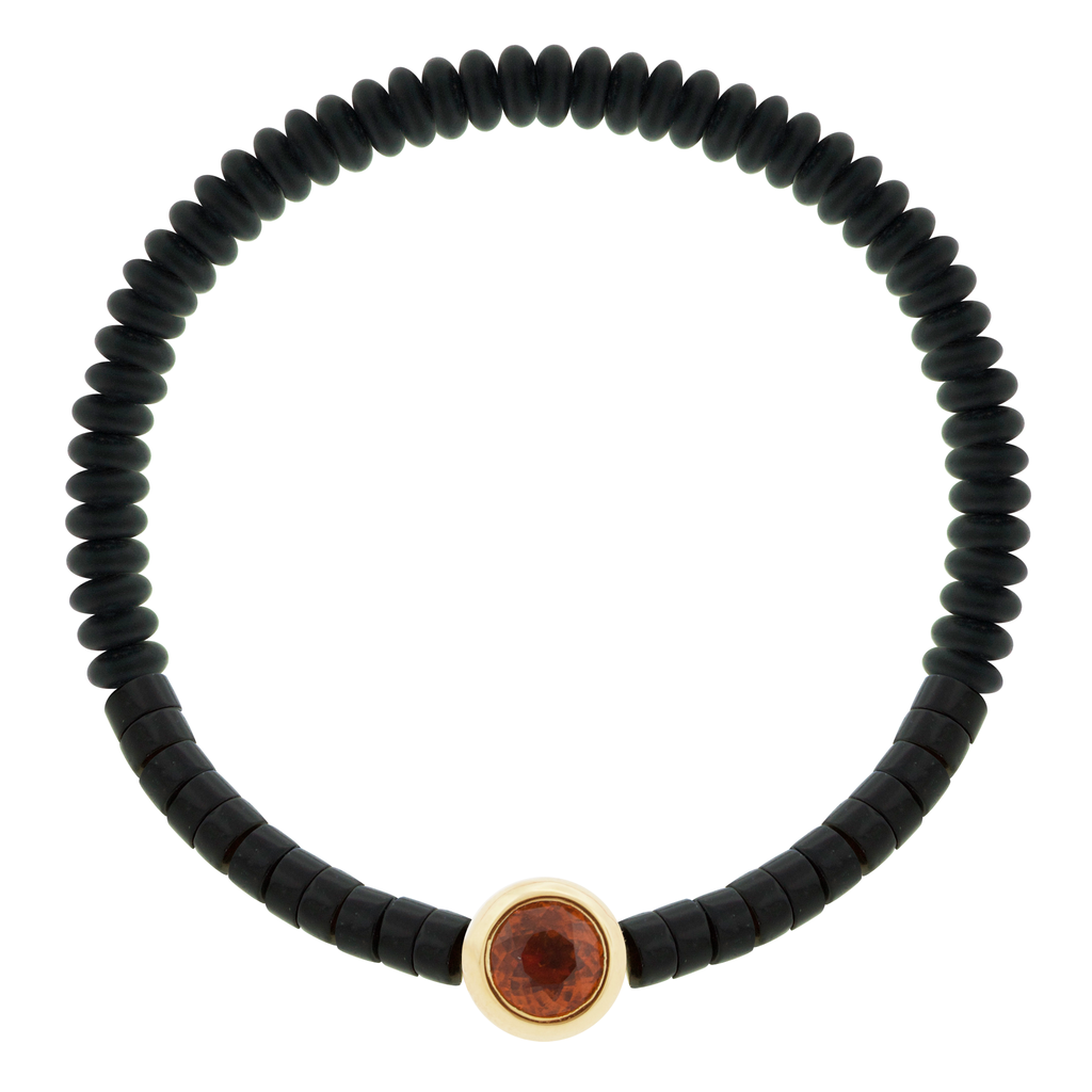 LUIS MORAIS 14k yellow circular <em>Eye of the Idol</em> bead with an Orange Garnet gemstone center on a gemstone beaded bracelet.