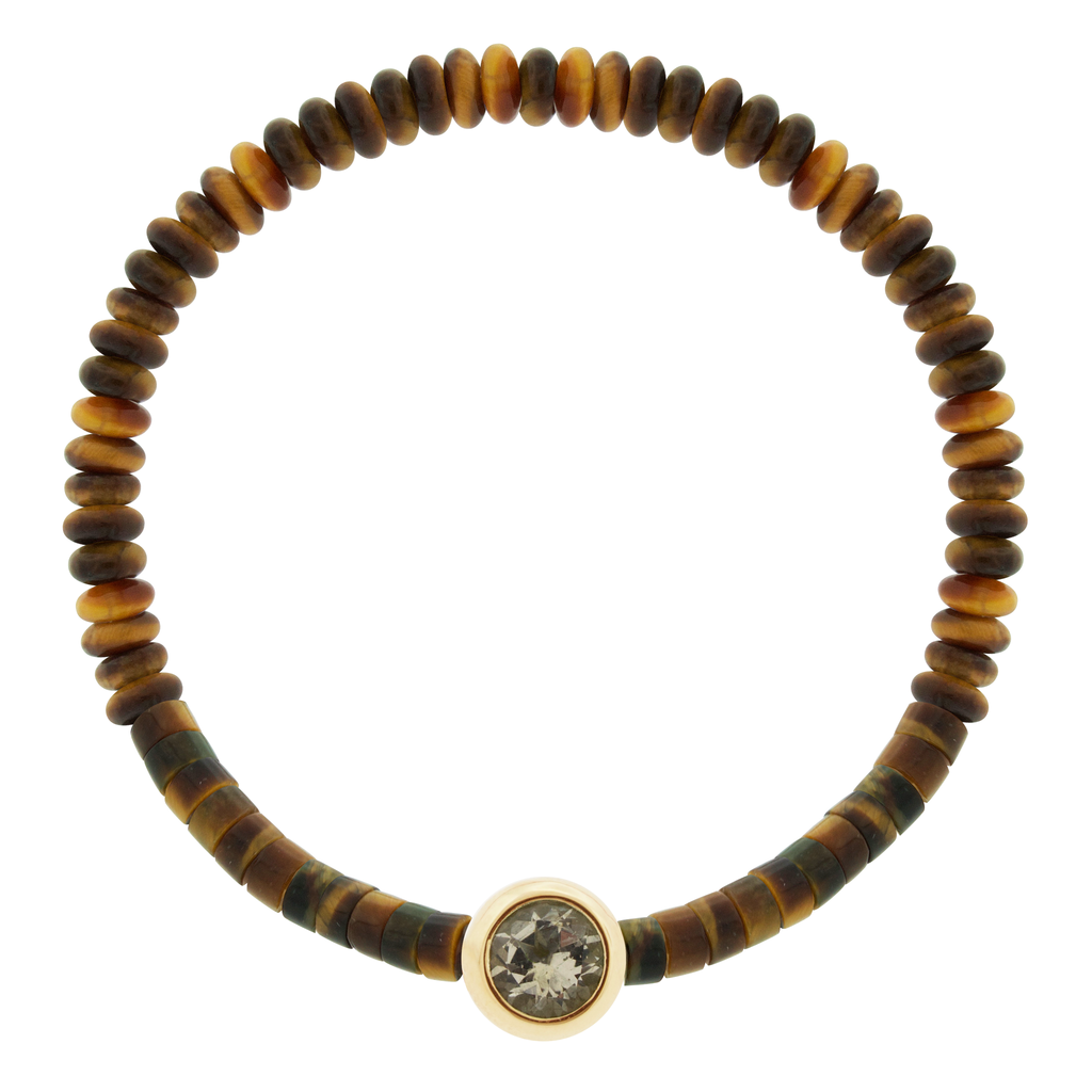 LUIS MORAIS 14k yellow round <em>Eye of the Idol</em> bead with an Morganite gemstone center on a gemstone beaded bracelet.