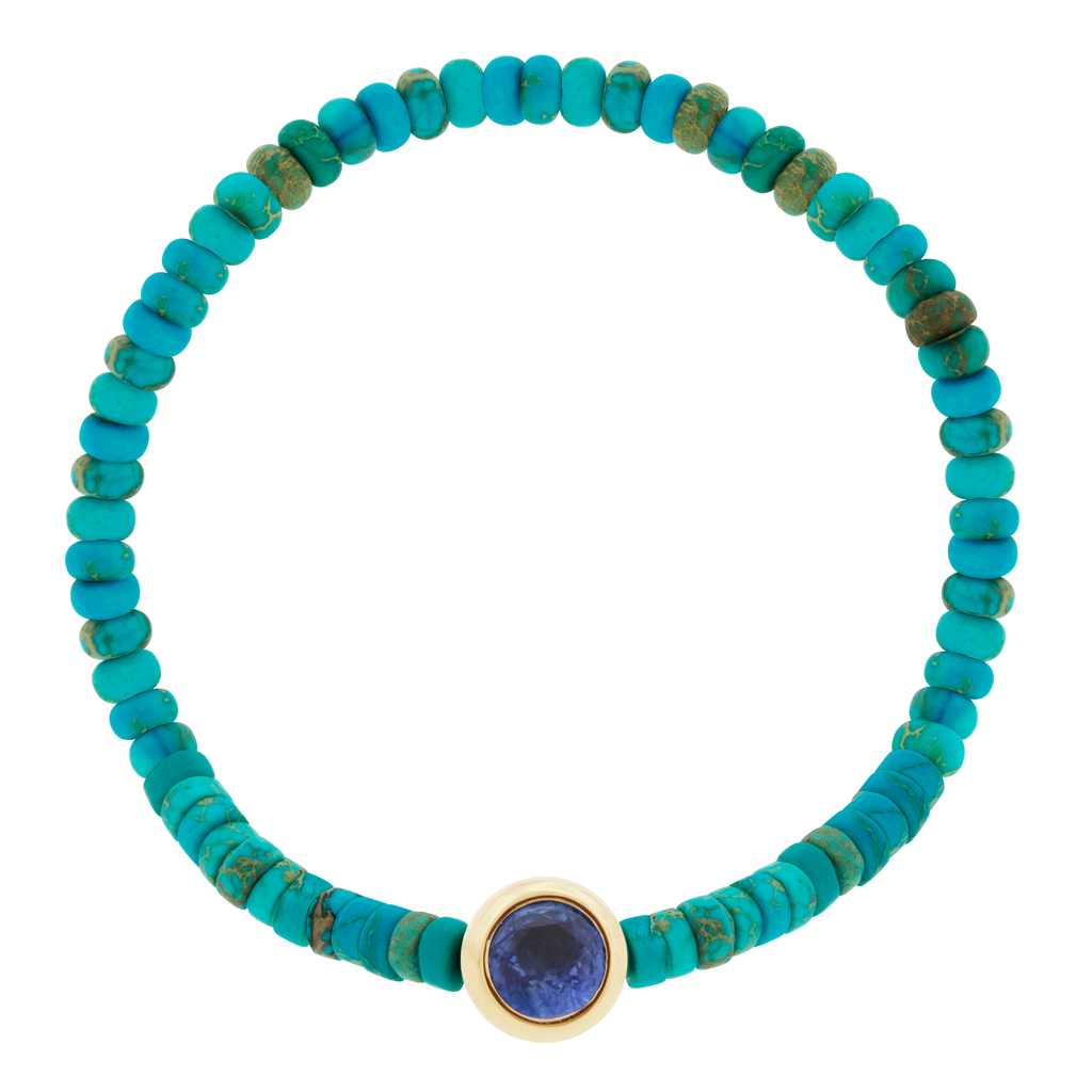 LUIS MORAIS 14k yellow round <em>Eye of the Idol</em> bead with a Turquoise gemstone center on a gemstone beaded bracelet.