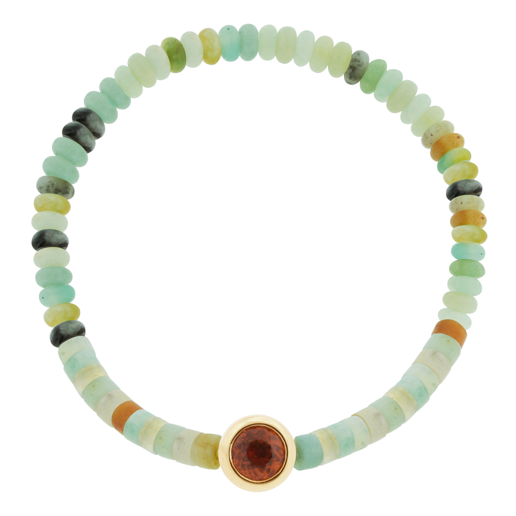 LUIS MORAIS 14k yellow round <em>Eye of the Idol</em> bead with an Orange Garnet gemstone center on a gemstone beaded bracelet.