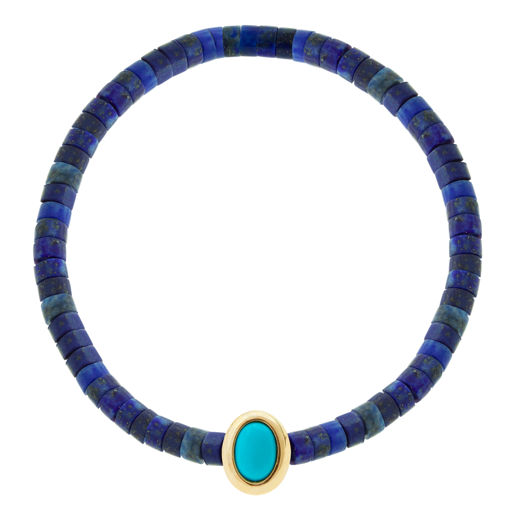 LUIS MORAIS 14k yellow oval cabochon <em>Eye of the Idol</em> bead with a Turquoise gemstone center on a Lapis beaded bracelet.