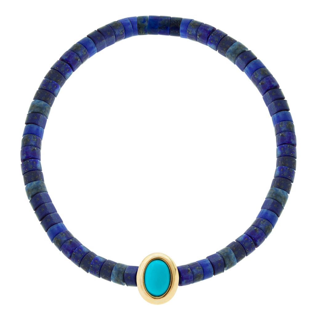 LUIS MORAIS 14k yellow oval cabochon <em>Eye of the Idol</em> bead with a Turquoise gemstone center on a Lapis beaded bracelet.